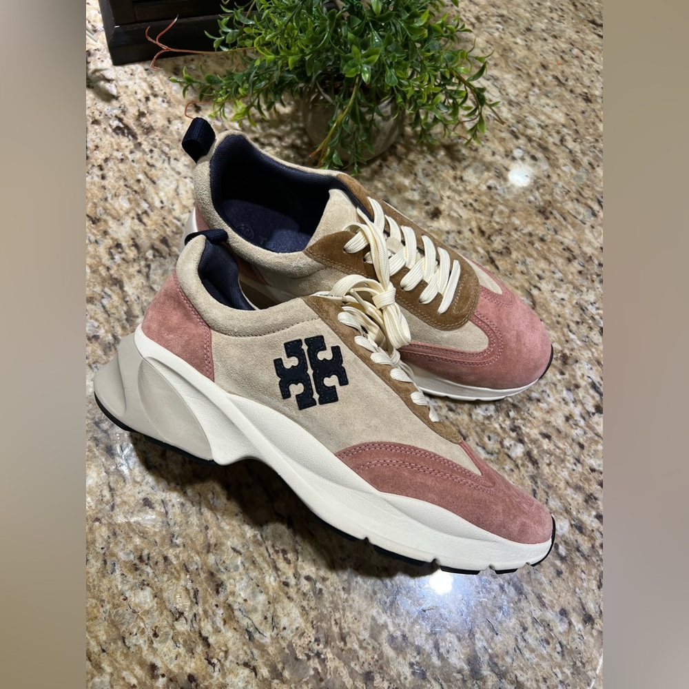 Tory Burch Good Luck Trainer Pink and Tan Sneakers 10
